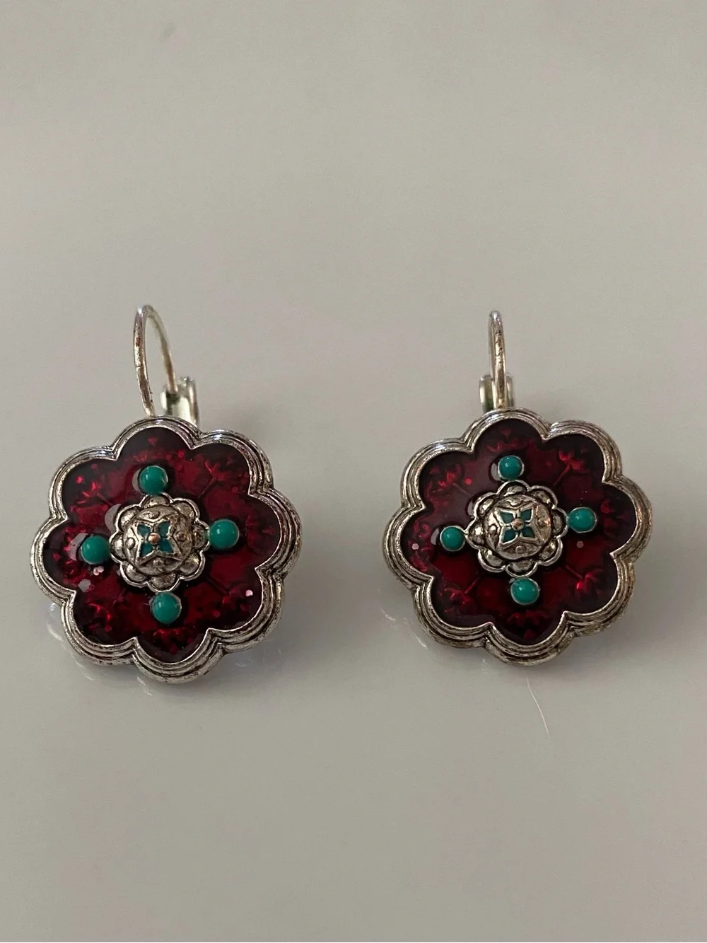 Avon Red Flower Drop Earrings with Turquoise Accents